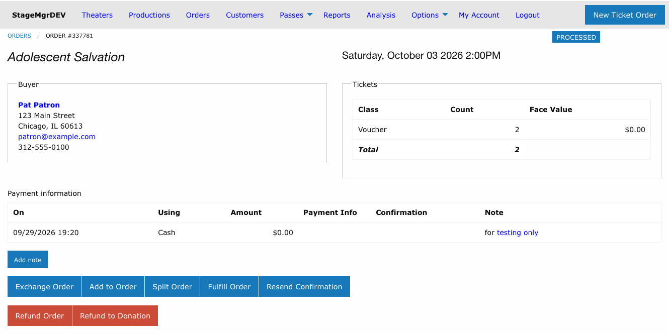 Processed order detail page with the Add to Order button between Exchange Order and Split Order