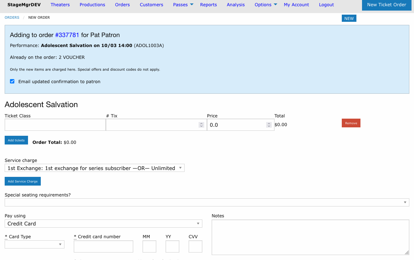 Add to Order page with the banner naming the original order, its performance and existing tickets, above one blank ticket line