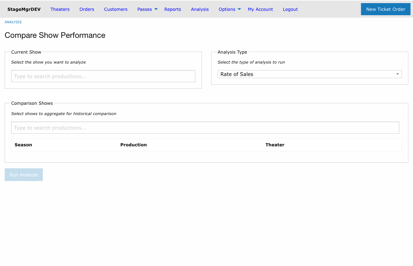 Analysis selection page