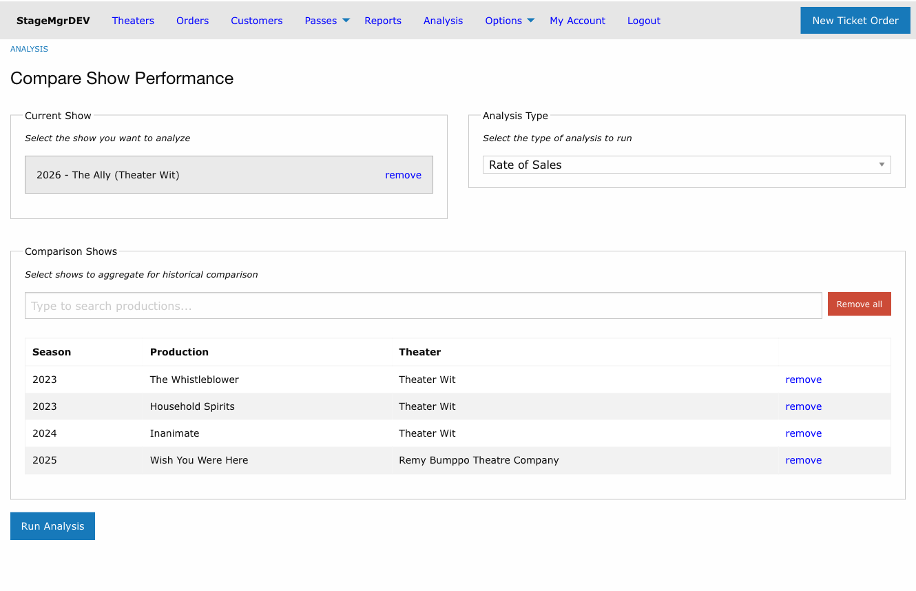 Selection page with shows populated