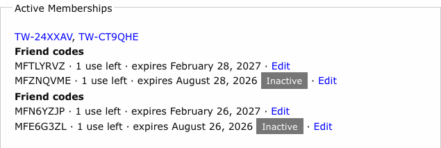 Active Memberships box listing two member codes, each with its friend codes, uses left, expiry dates and Edit links