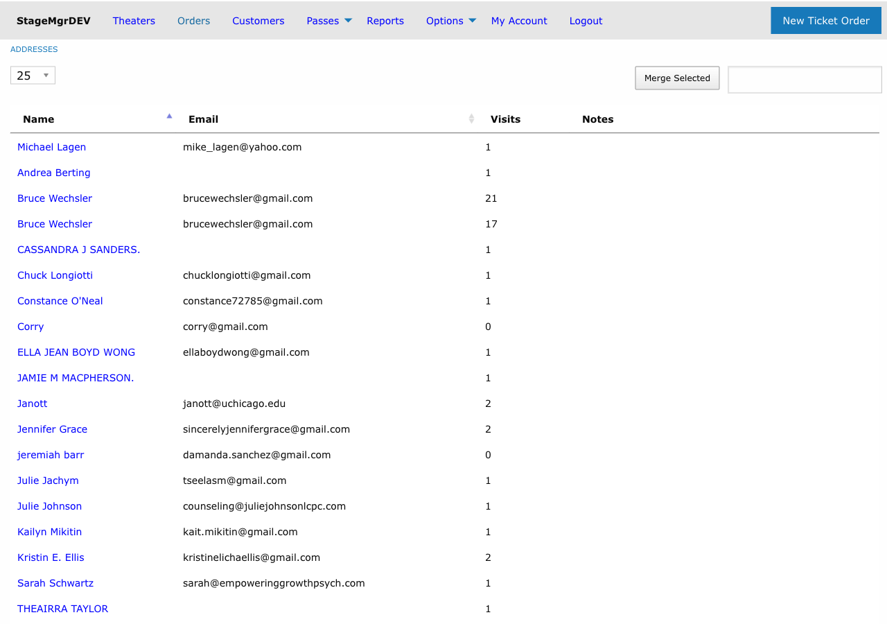 Customer list with Merge Selected button for combining duplicate patron records