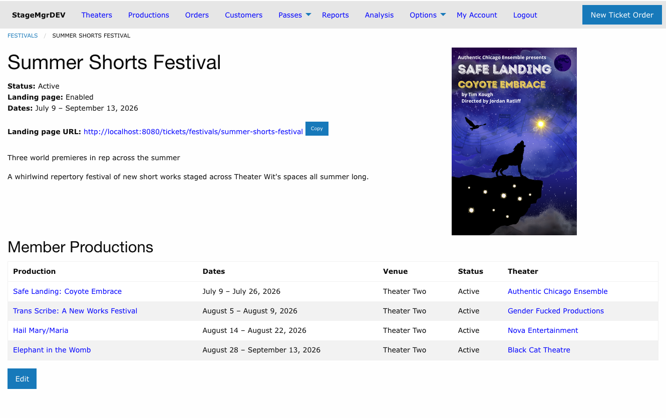 Festival detail page showing status, derived dates, copy-able landing page URL, artwork, and the member productions table