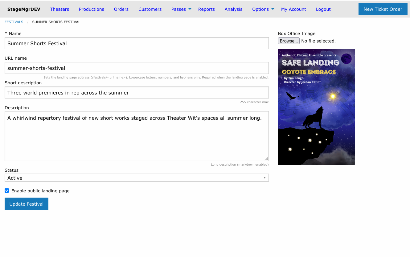 Festival form with name, URL name, descriptions, status, landing page toggle, and image upload