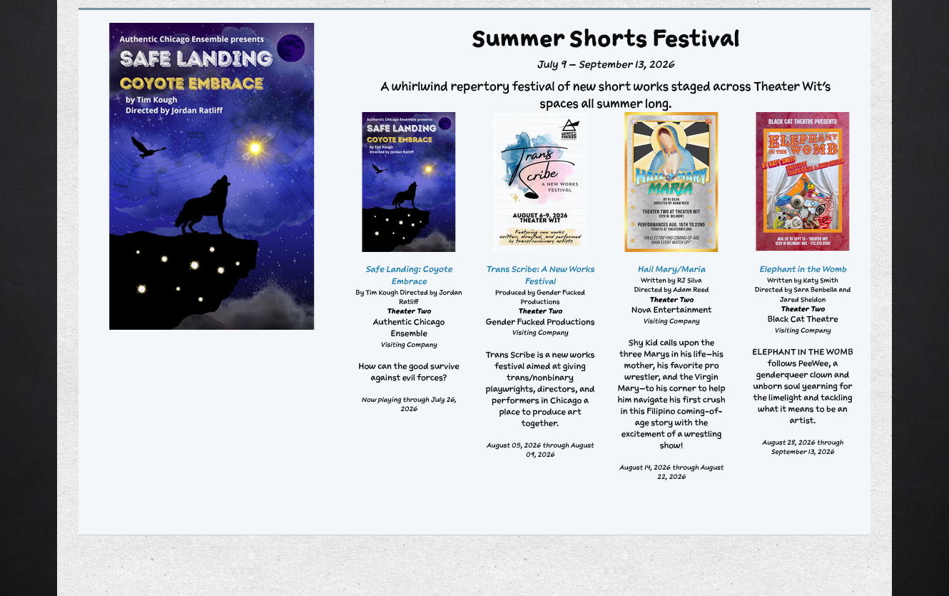 Box office festival callout with artwork, name, dates, description, and a row of member show cards