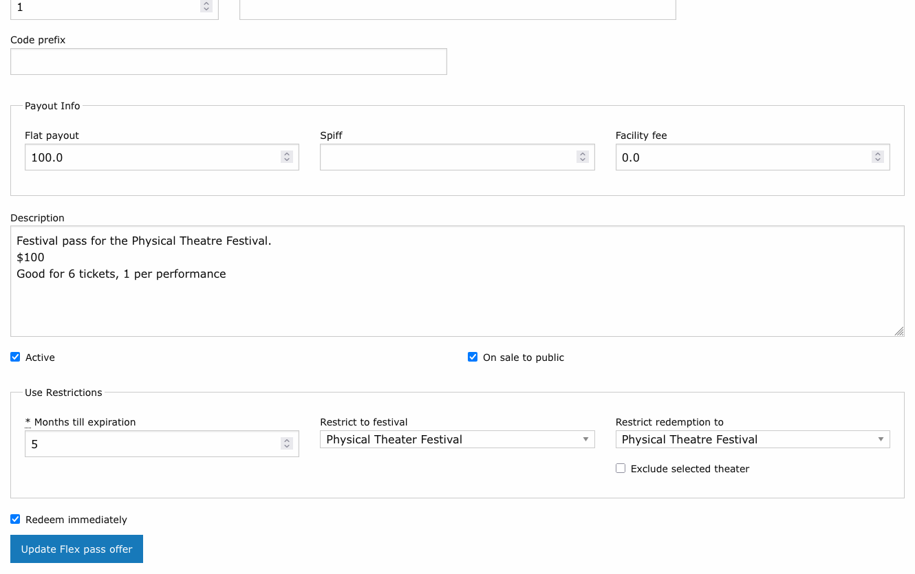 Flex pass offer form with the Festival restriction dropdown