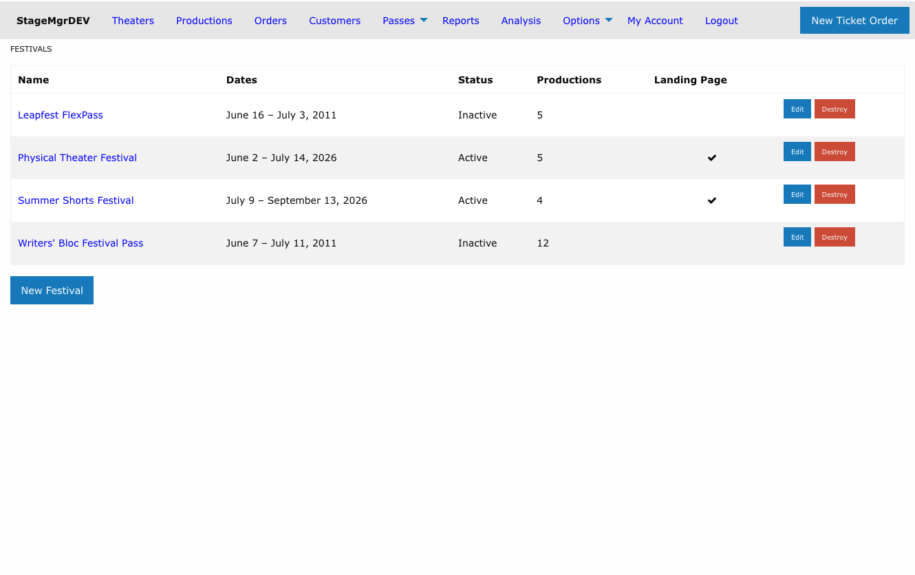 Festivals list showing name, dates, status, production count, and landing page flag