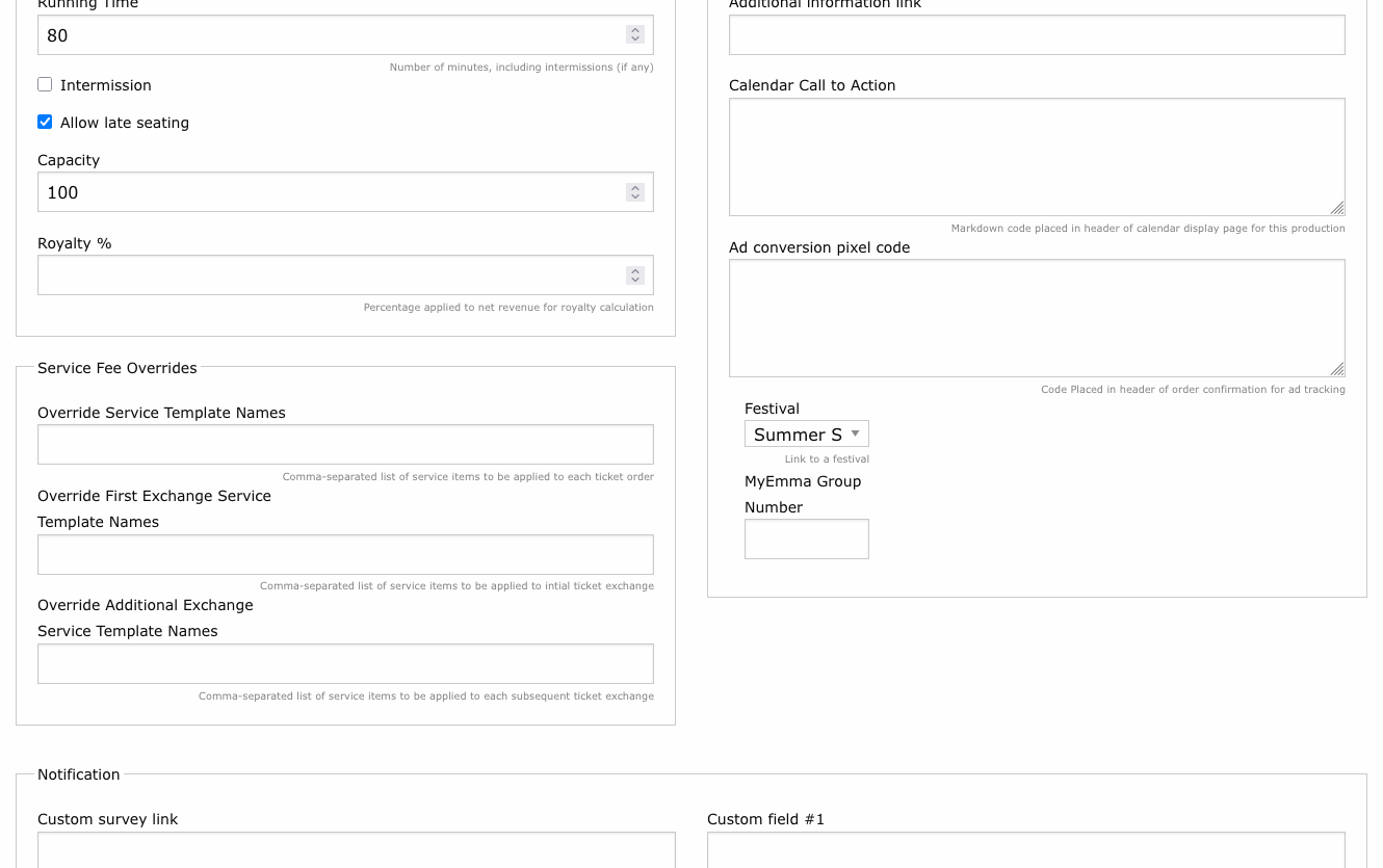 Production form Festival dropdown with the current assignment selected