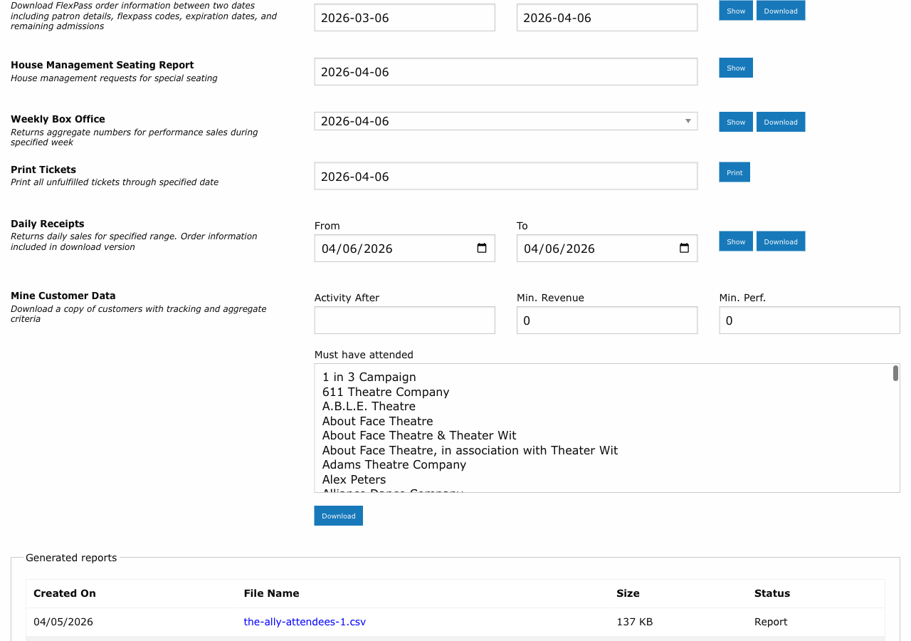Reports page showing the Print Tickets section with date selector and Print button