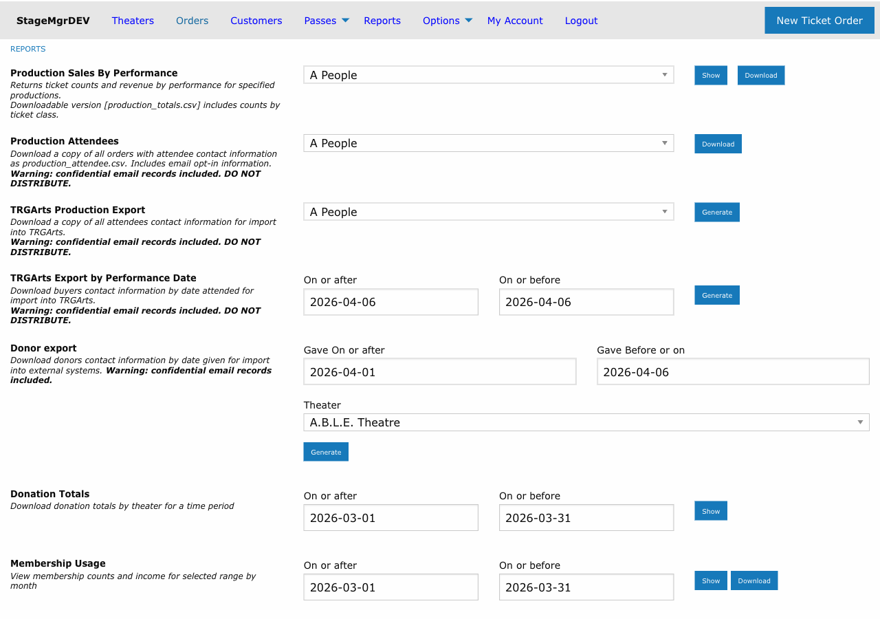 Reports page showing the House Management Seating Report with date selector and Show button