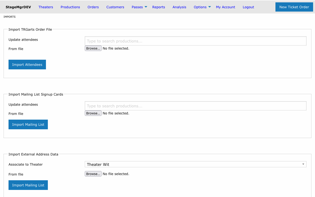 Imports page showing TRGarts, Mailing List, External Address, and Donor Level import forms