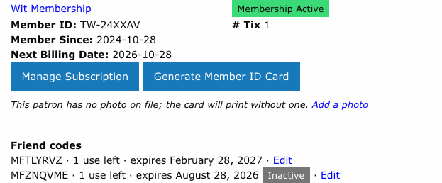 Membership detail on a membership order showing the offer, member ID, billing date and the Friend codes list with Edit links