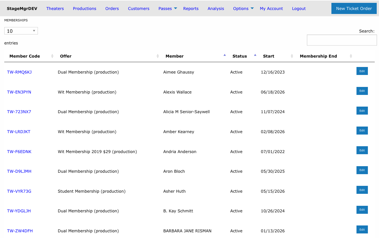 Memberships list showing member code, offer, member, status, start, and membership end columns