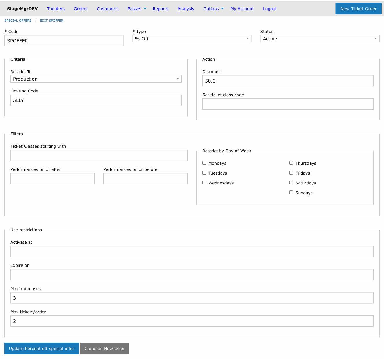 Special offer edit form showing the Clone as New Offer button alongside the Update button