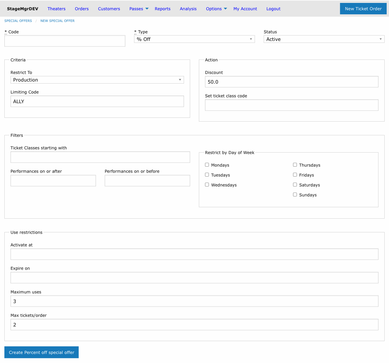 New Special Offer form pre-populated from the cloned offer, with the Code field blank