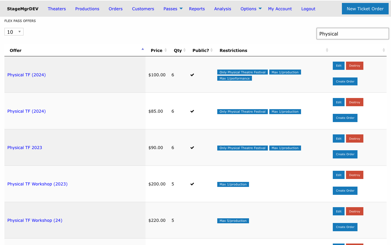 Flex pass offers list filtered to festival passes, showing theater-restriction and Max-per-production/performance labels together