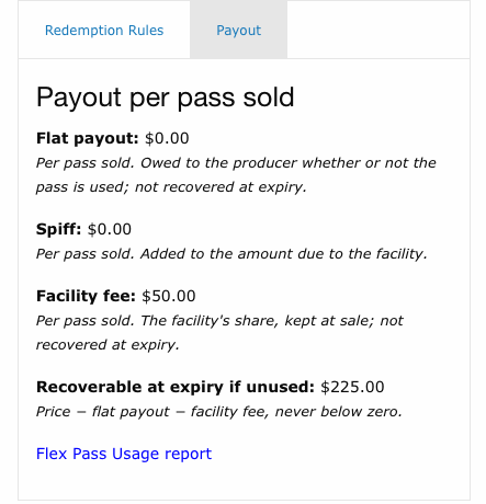 The Payout tab of a flex pass offer detail page