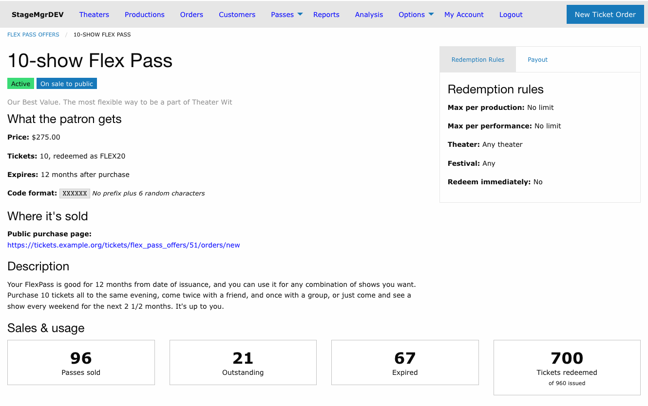 Flex pass offer detail page: status labels, What the patron gets, Where it's sold and the description on the left; Redemption Rules and Payout tabs on the right