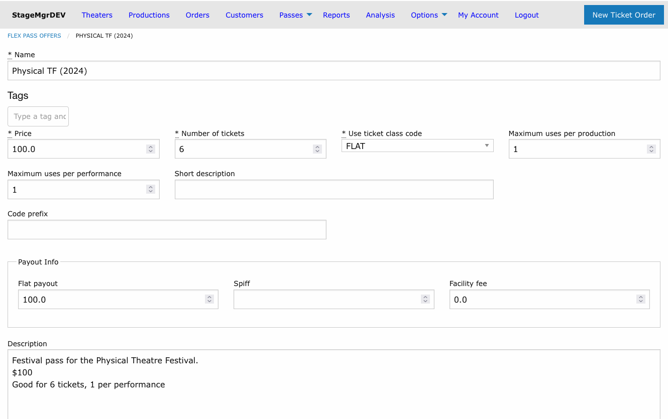 Flex pass offer form with name, price, number of tickets, ticket class code, and use restrictions