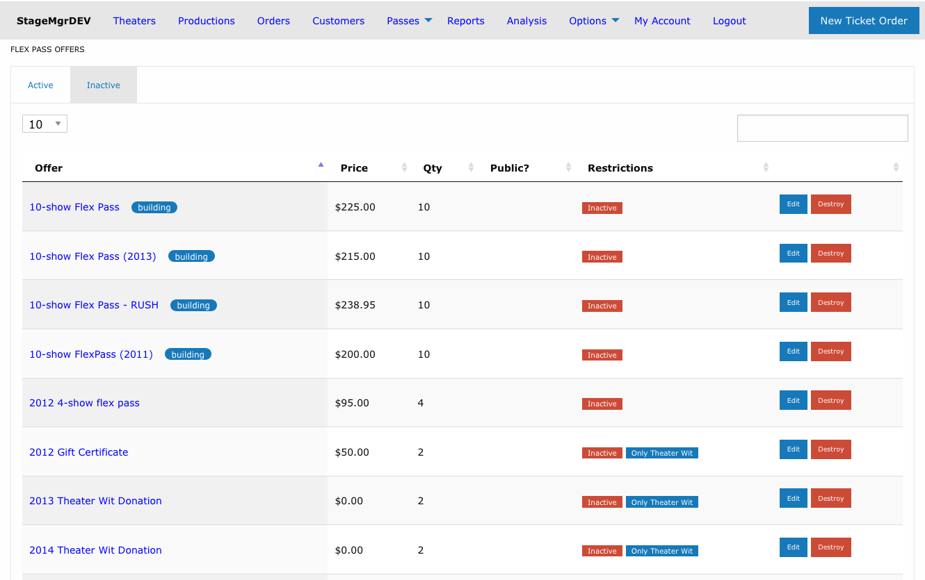 Inactive tab of the flex pass offers list, where rows offer only Edit and Destroy buttons