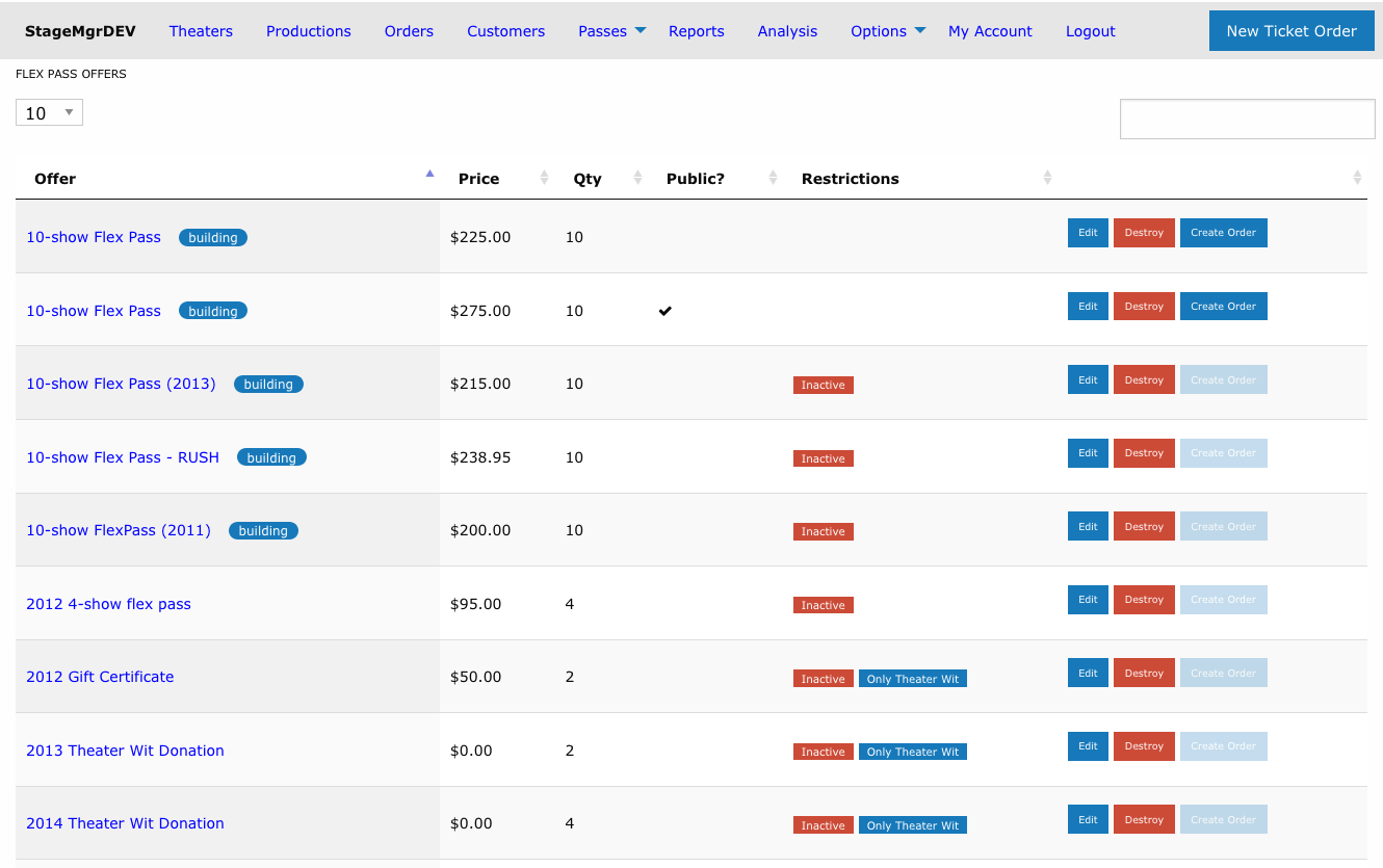 Flex pass offers list showing tag pills, red Inactive labels, and blue theater-restriction labels in the Restrictions column
