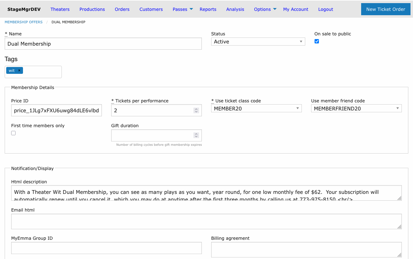 Membership offer form with name, status, price ID, tickets per performance, and notification fields