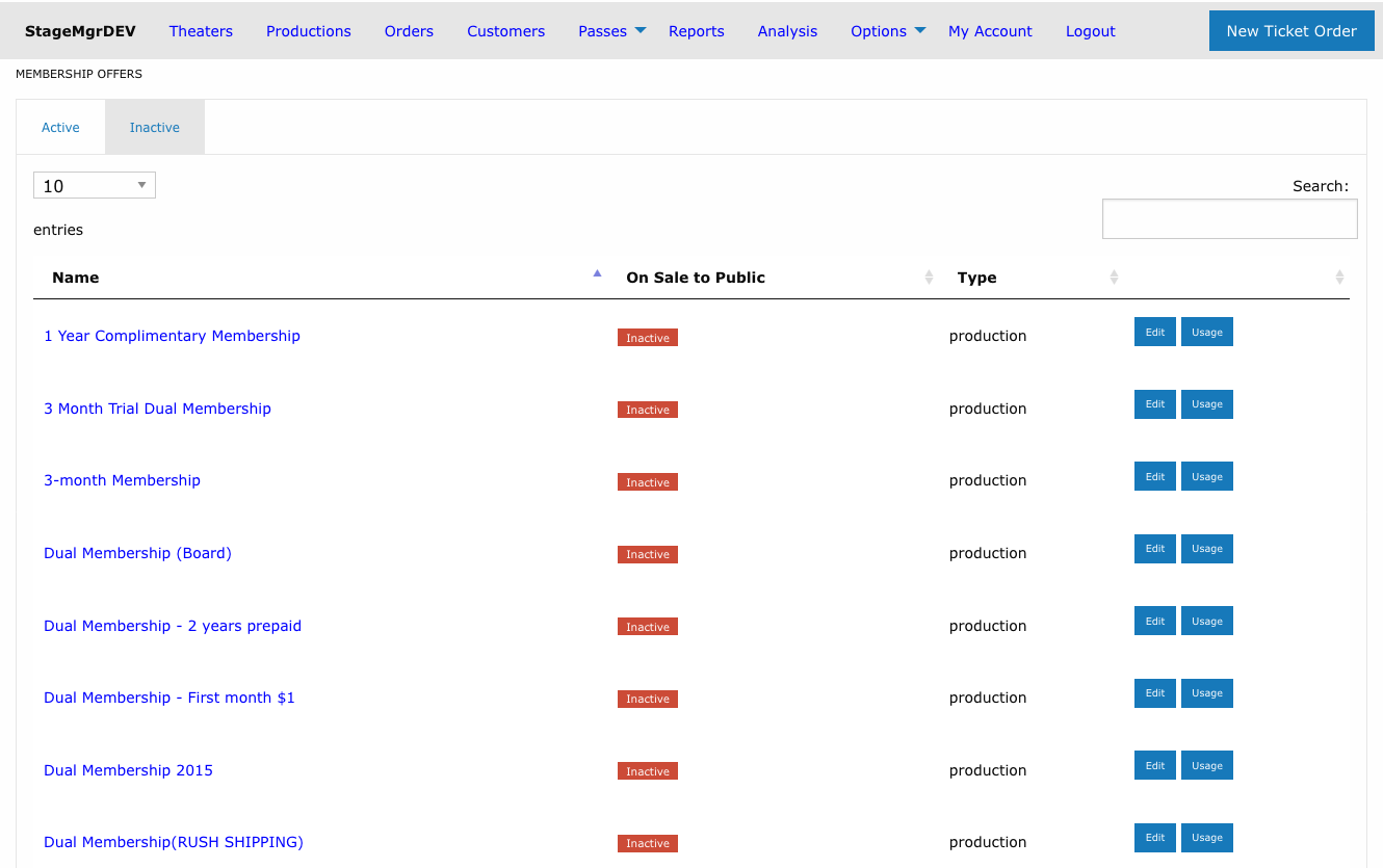 Inactive tab of the membership offers list, where rows offer only Edit and Usage buttons