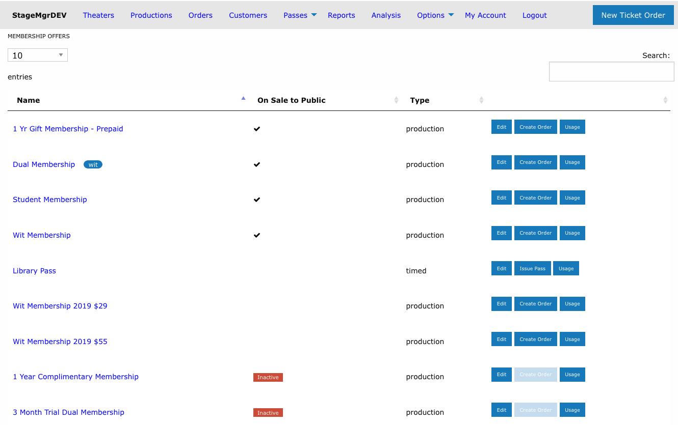 Membership offers list showing Edit, sales action, and Usage buttons, tag pills, and red Inactive labels