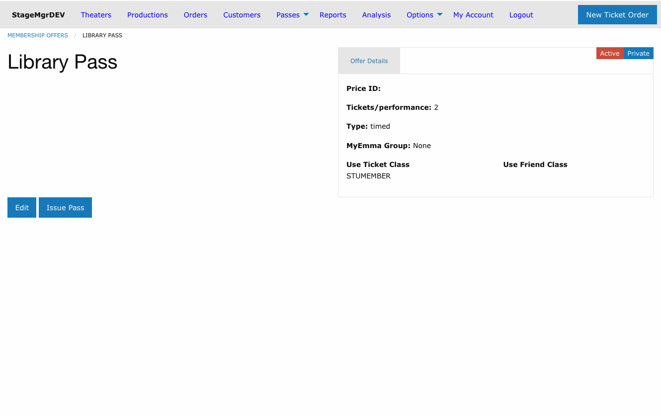 Timed membership offer detail page with the offer name heading, offer details panel, and Issue Pass button