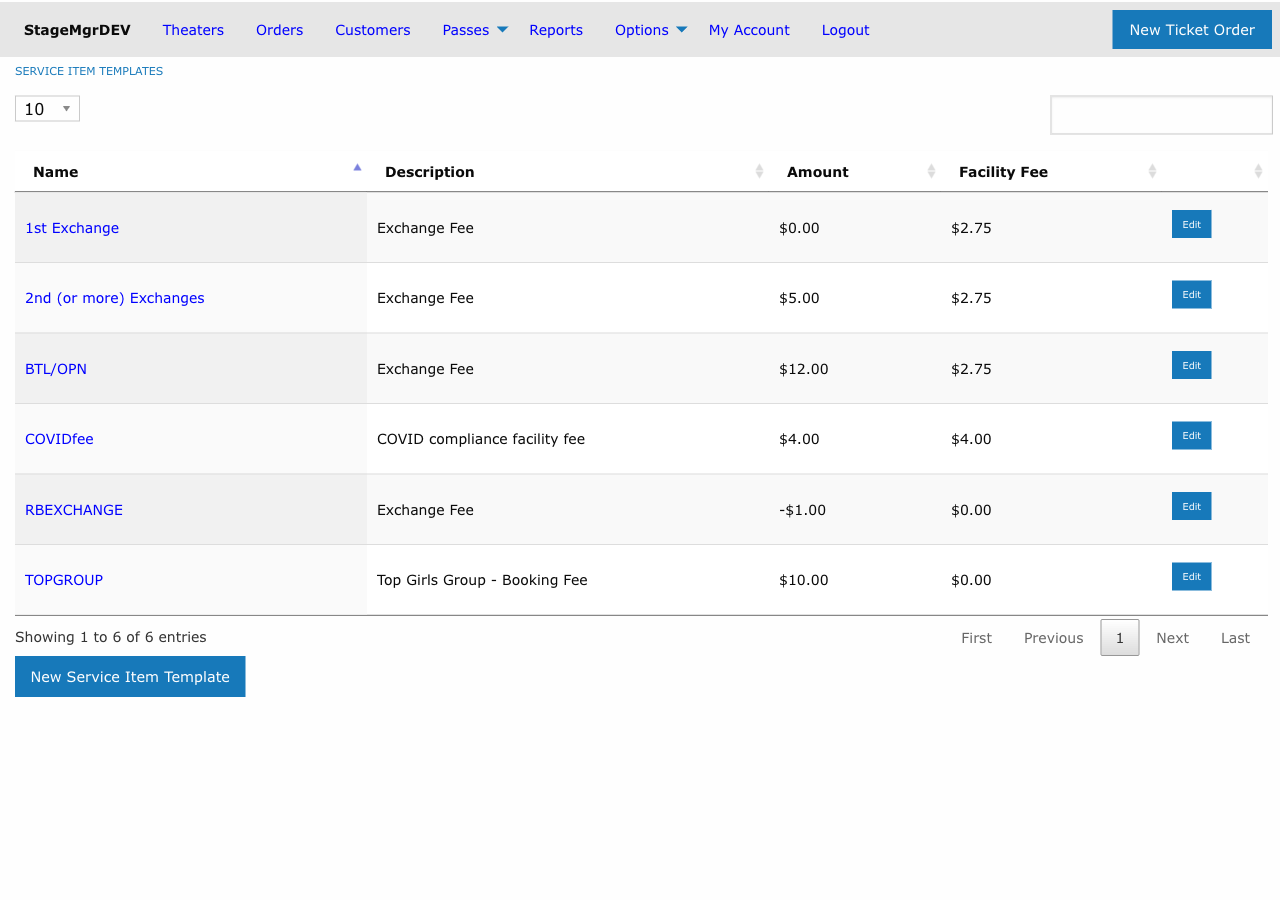Service item templates list showing names, descriptions, amounts, and facility fees