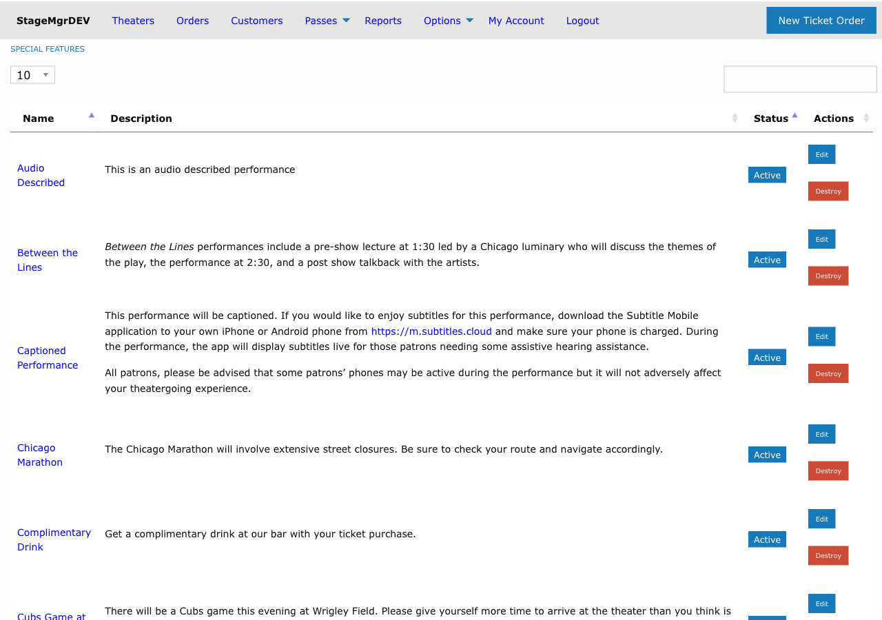 Special features list showing feature names, descriptions, and status
