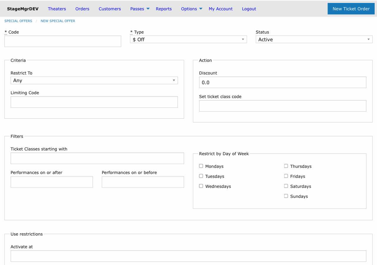 Special offer form with code, type, status, criteria, action, filters, and use restrictions