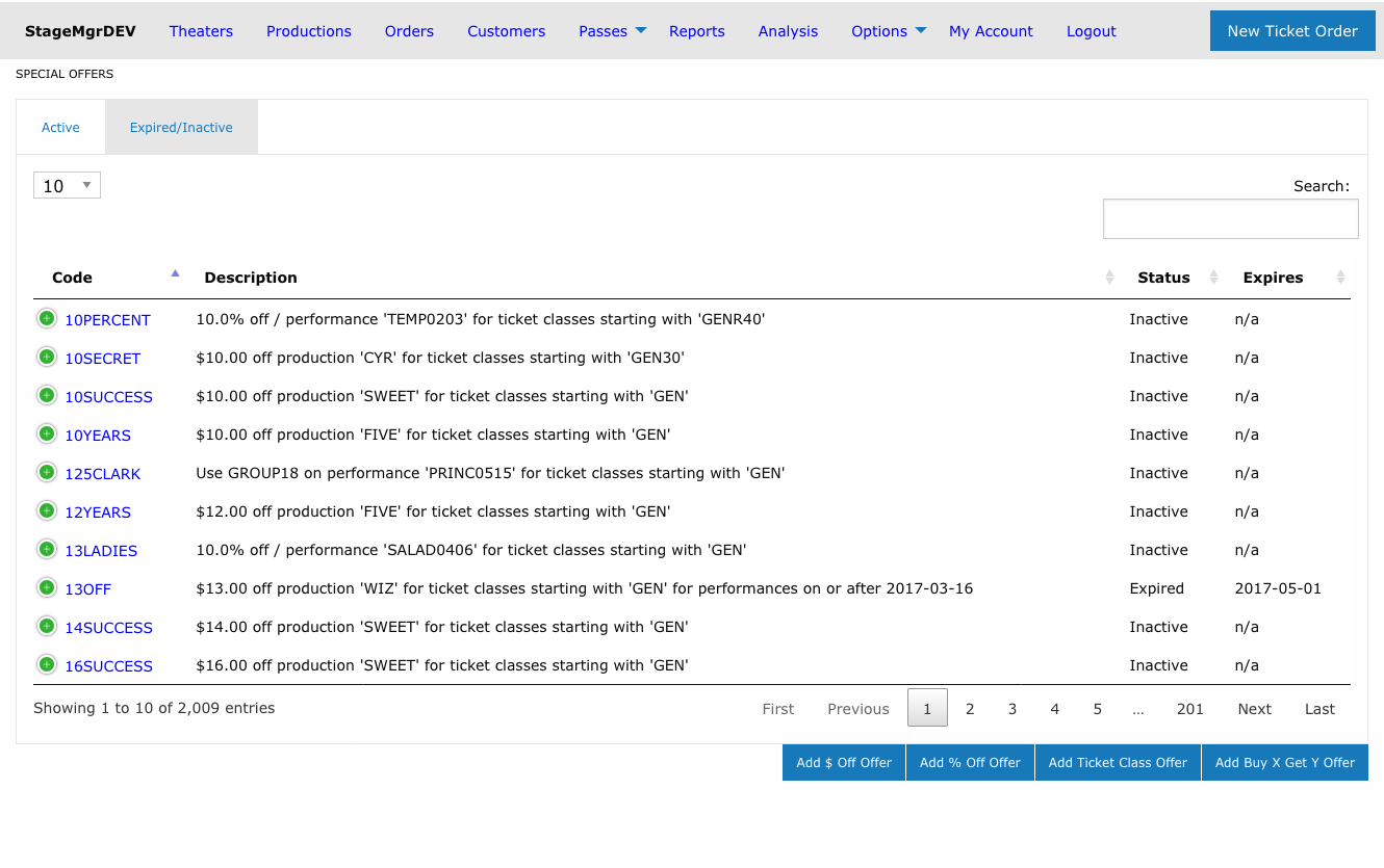 Expired/Inactive tab listing offers with Inactive and Expired statuses