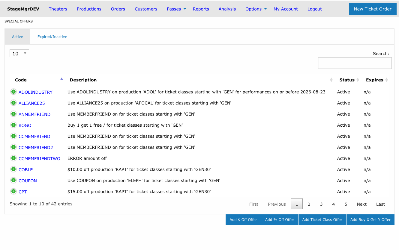 Special offers list showing the Active tab with codes, descriptions, status, and expiration dates