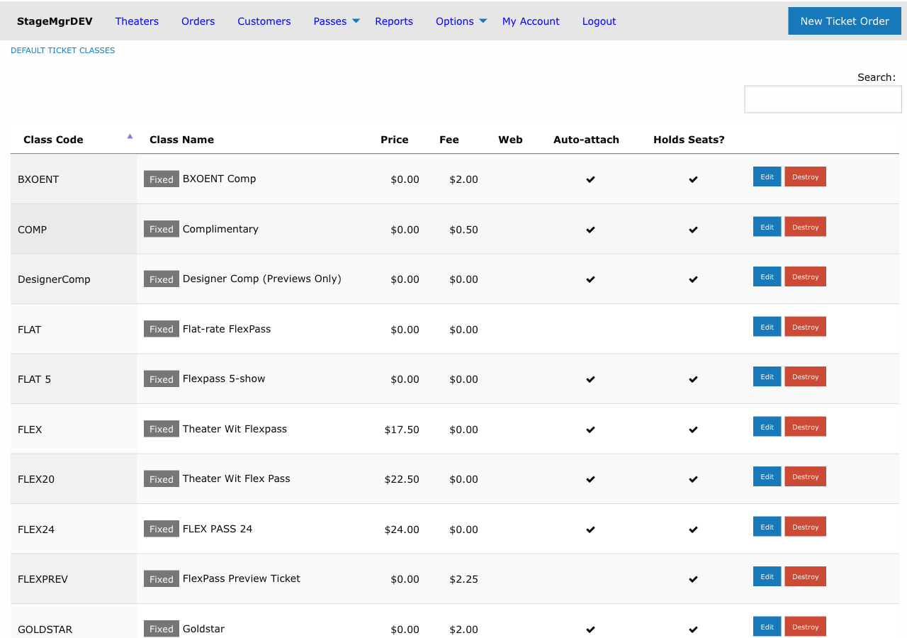 Default ticket classes list with class codes, names, prices, fees, auto-attach, and holds seats columns