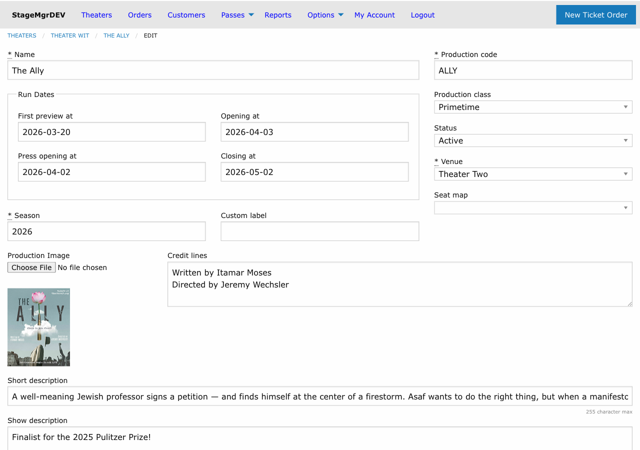 Production form showing name, run dates, production code, status, venue, and seat map fields