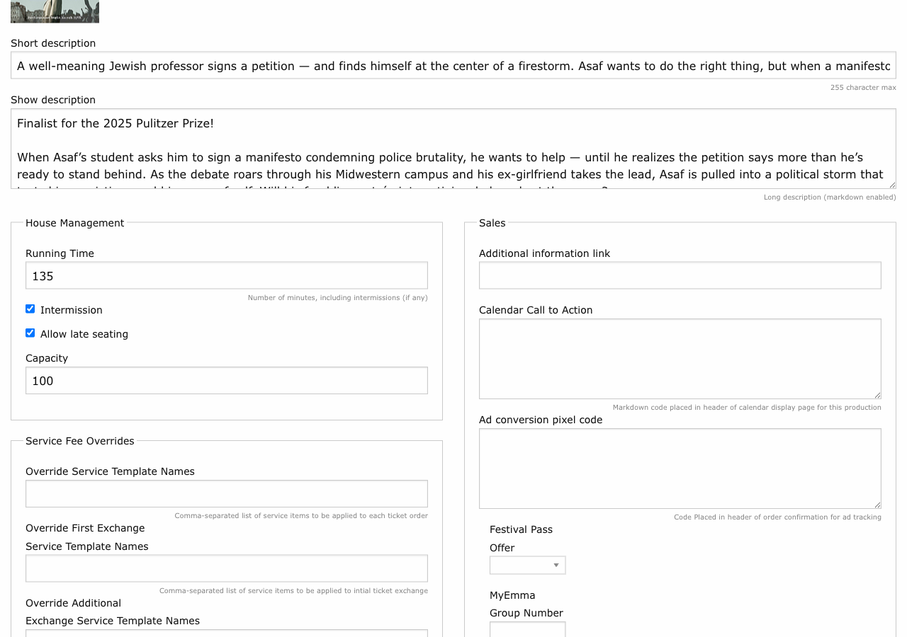 Production form showing descriptions, house management, and sales fields