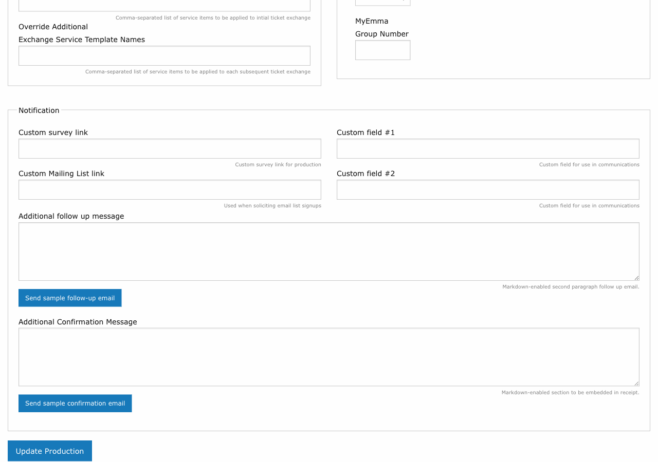 Production notification fields including survey link, confirmation message, and follow-up message