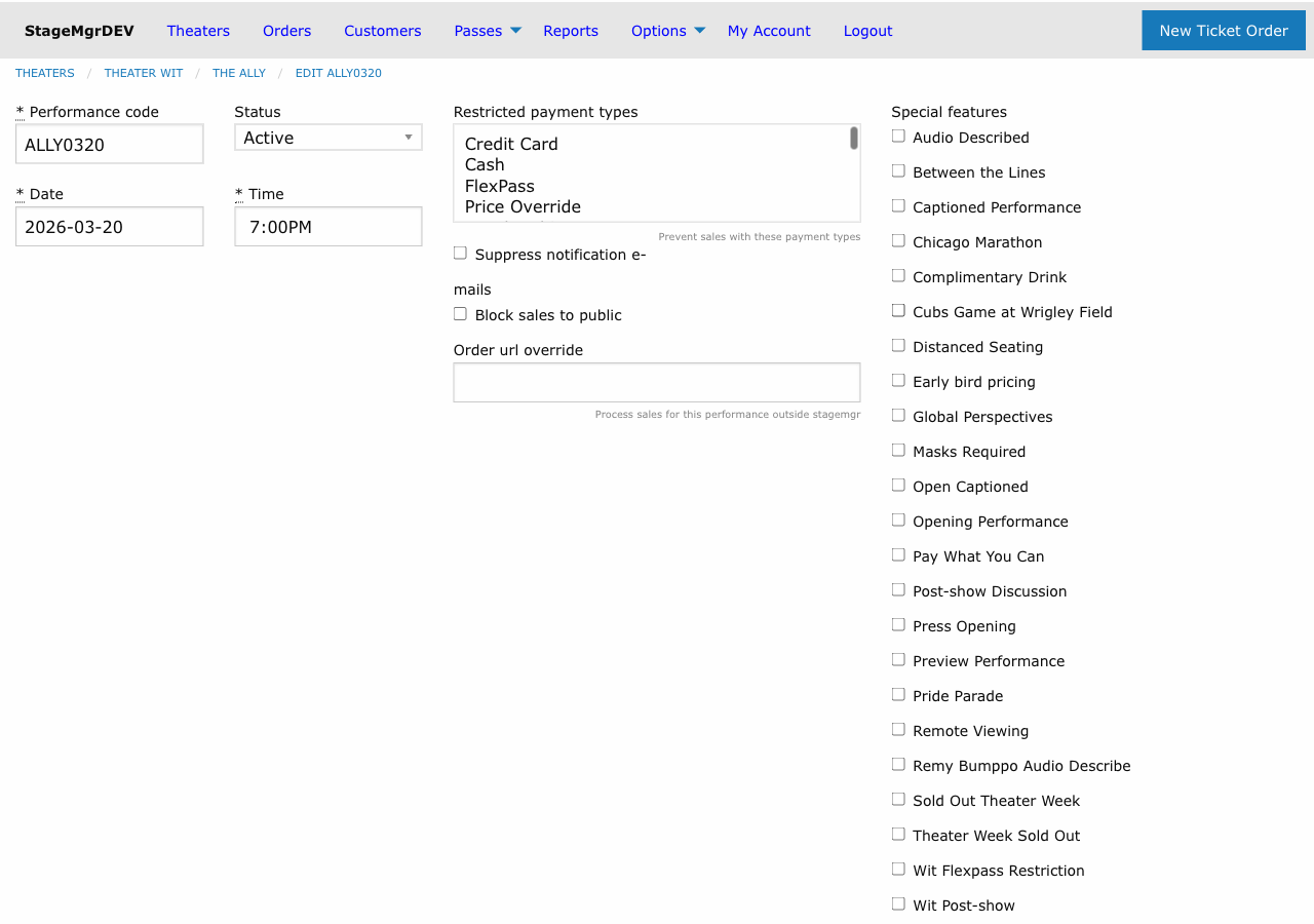 Performance edit form with code, date, time, status, restricted payment types, and special features
