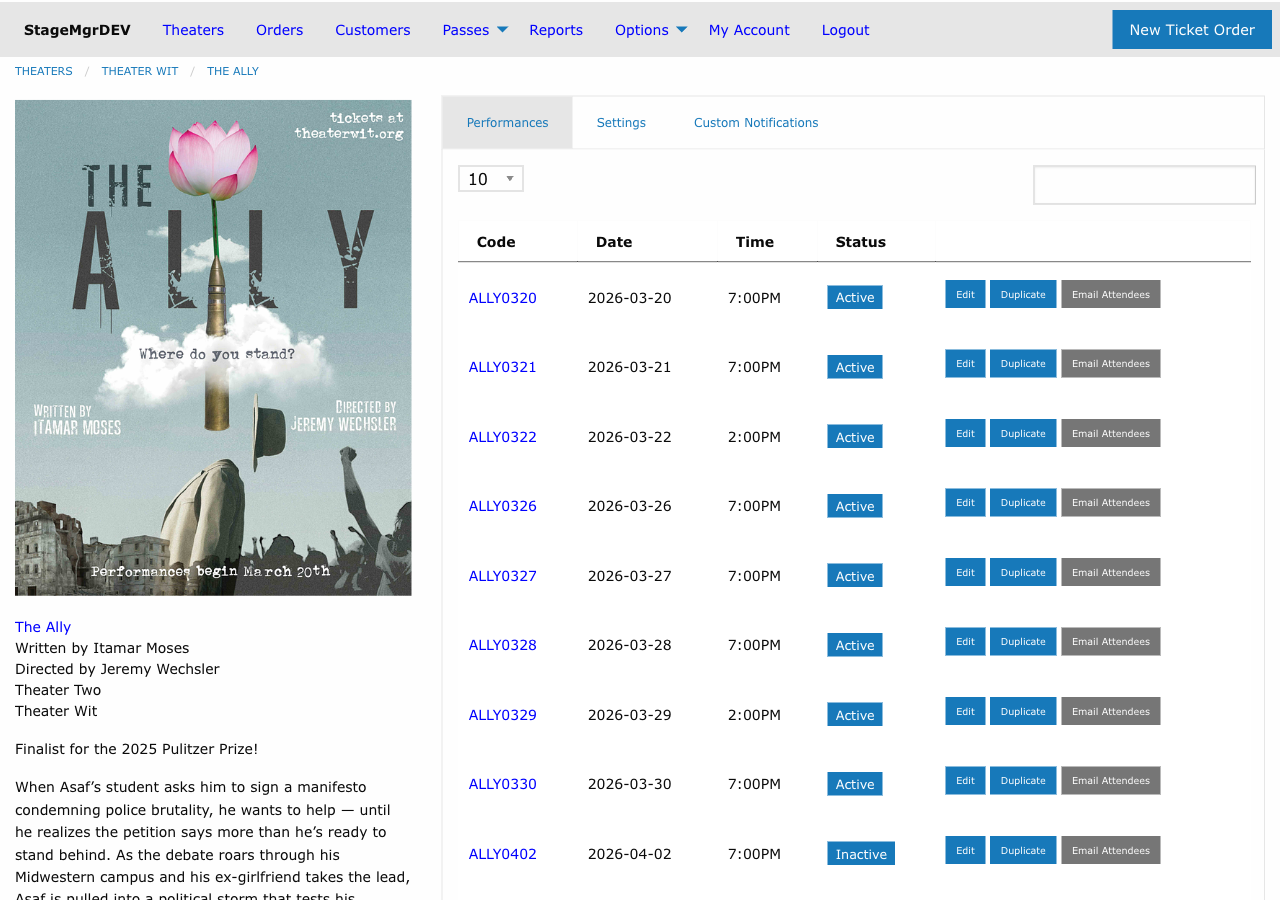 Performance list with Edit, Duplicate, and Email Attendees action buttons for each performance