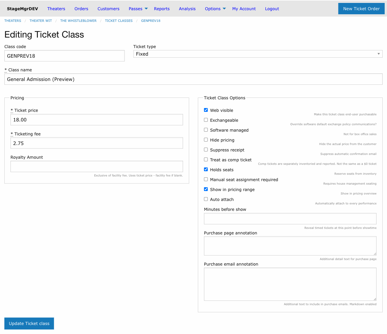 Ticket class form showing code, name, type, pricing, and options like web visibility and seat holding