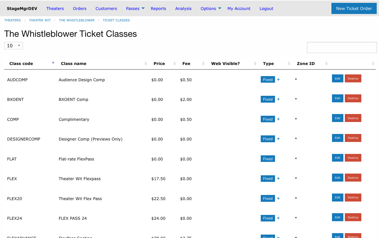 Ticket classes list showing class codes, names, prices, fees, and visibility settings