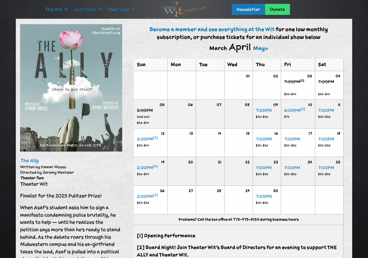 Performance calendar showing dates, times, ticket prices, and sold-out indicators