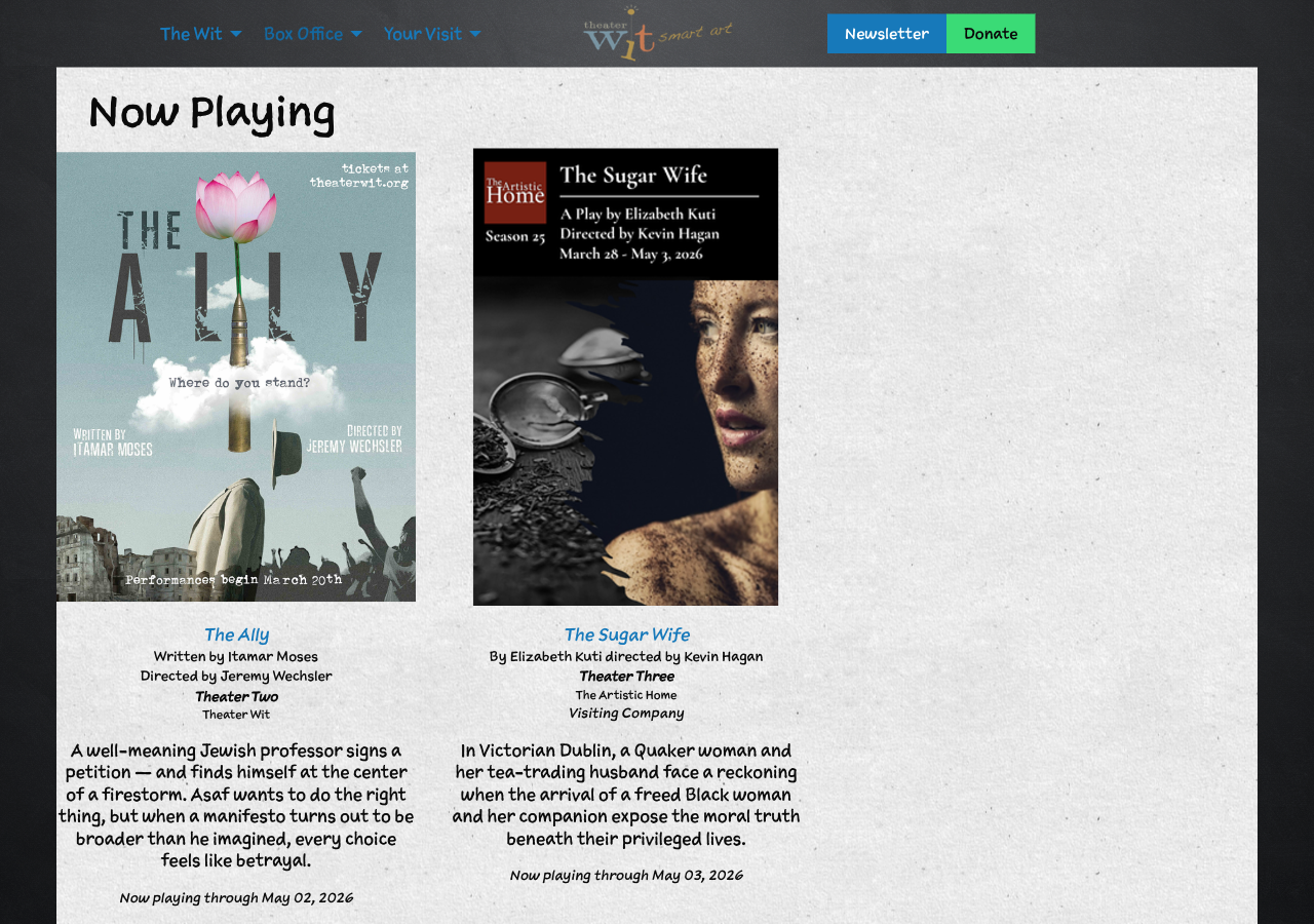 Public box office page showing current productions with images and descriptions