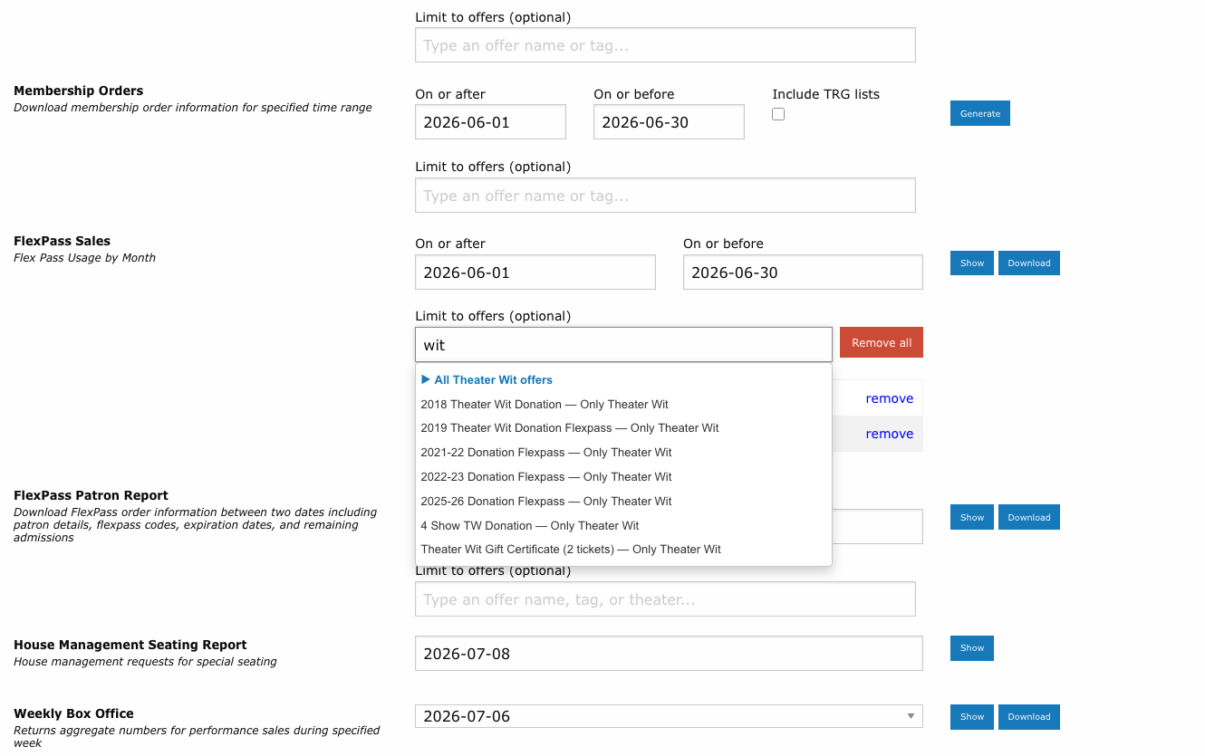 FlexPass Sales offer picker with two offers selected and a search for "wit" showing the All Theater Wit offers group and offers labeled Only Theater Wit