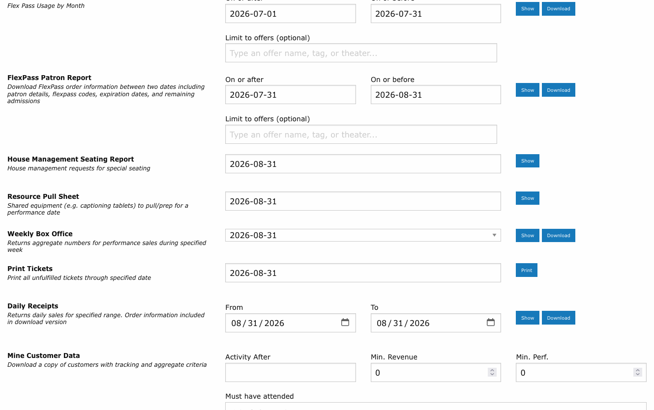 Reports page showing the Resource Pull Sheet card with its date selector