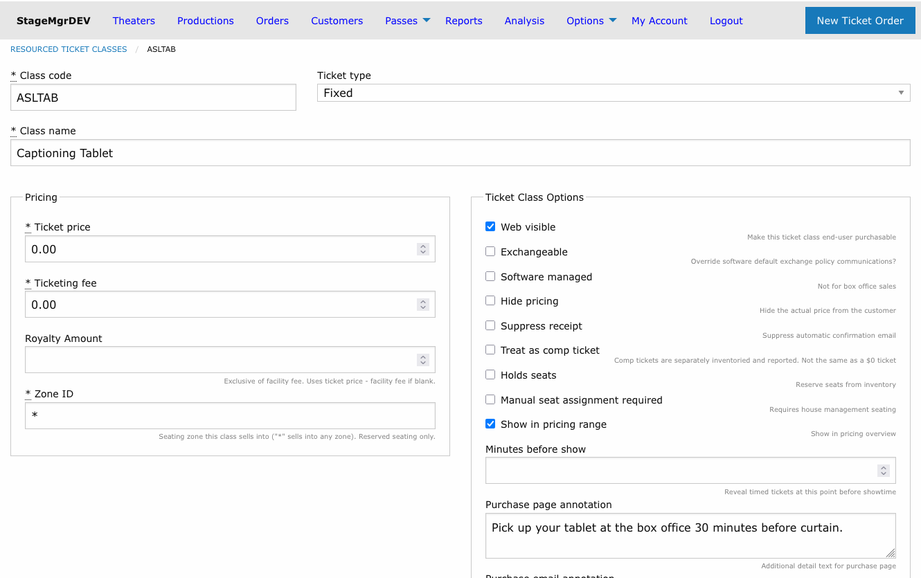 Resourced ticket class form with pricing, options, device pool, and venue fields