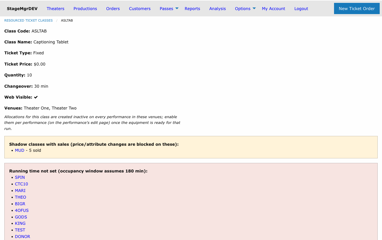 Resourced ticket class detail page with quantity, changeover, venues, and operational warnings