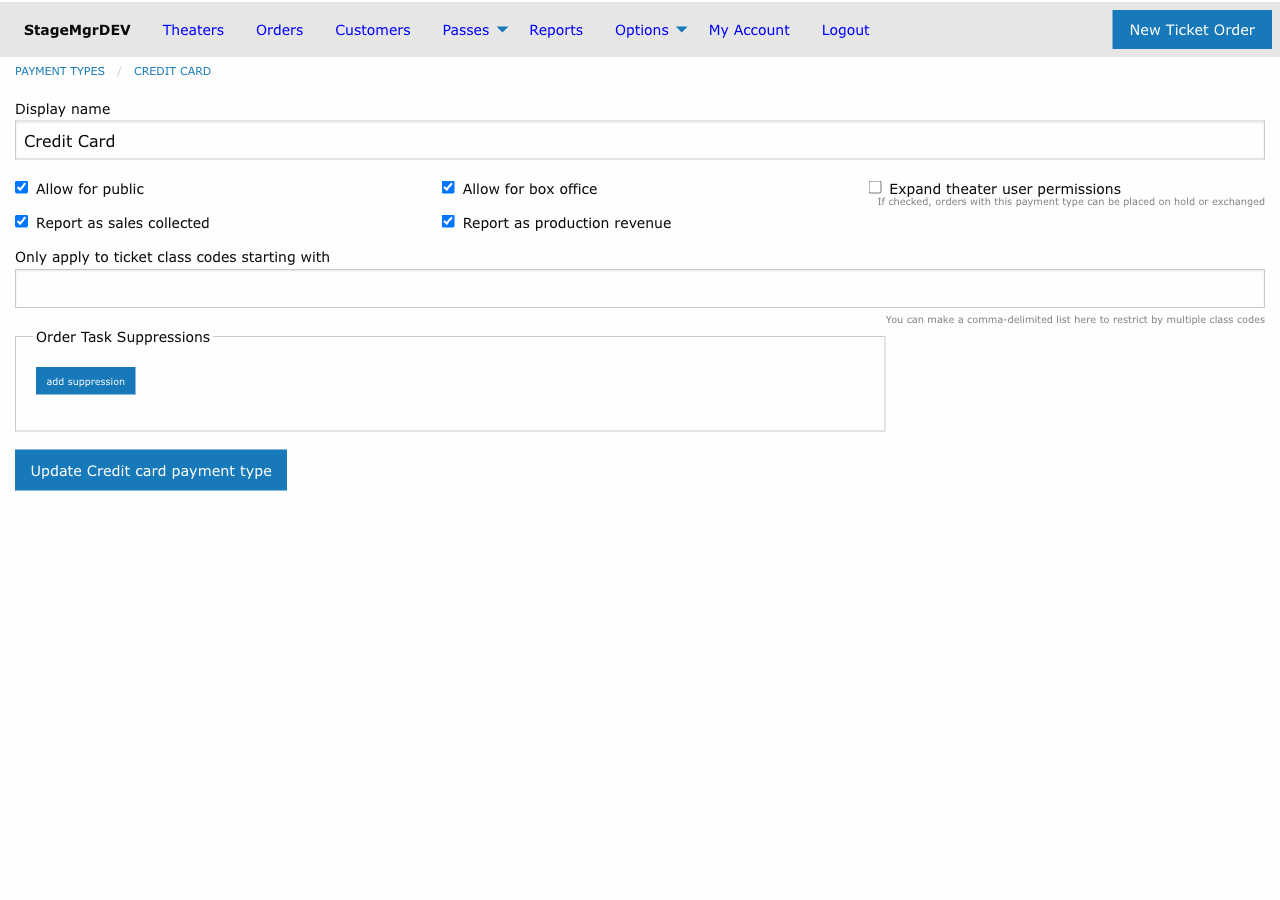 Payment type edit form showing display name, availability checkboxes, reporting flags, and task suppressions