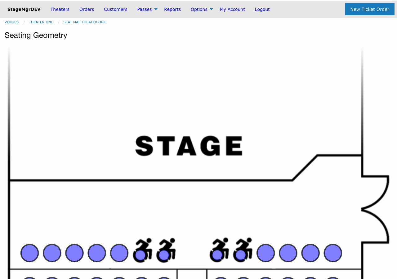A seat map showing the stage and seating geometry with wheelchair-accessible positions